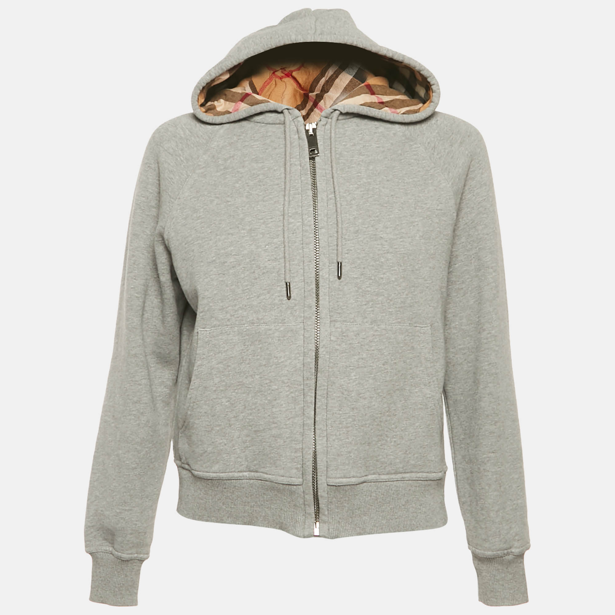 Pre-owned Burberry Grey Cotton Check Hooded Zip-up Jacket S In Gray