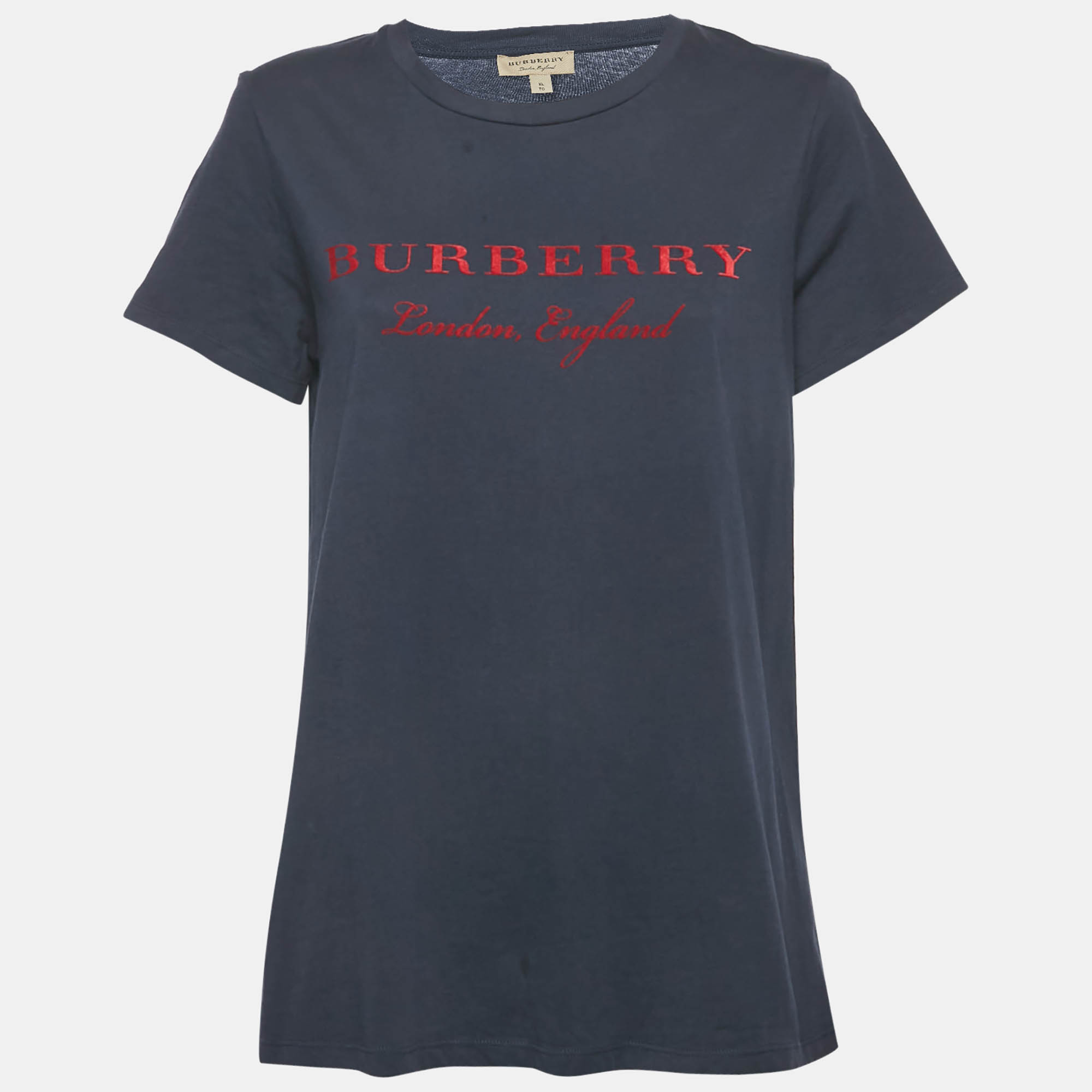 

Burberry Navy Blue/Red Logo Flocked Jersey T-Shirt XL