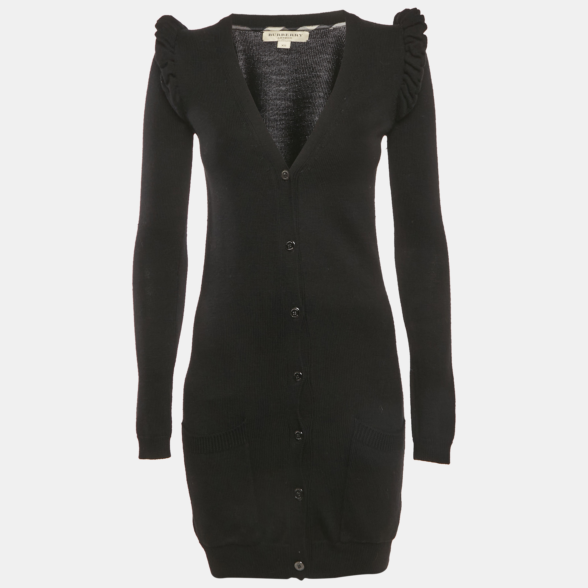 Pre-owned Burberry Black Rib Knit Wool Ruffled Sweater Dress Xs