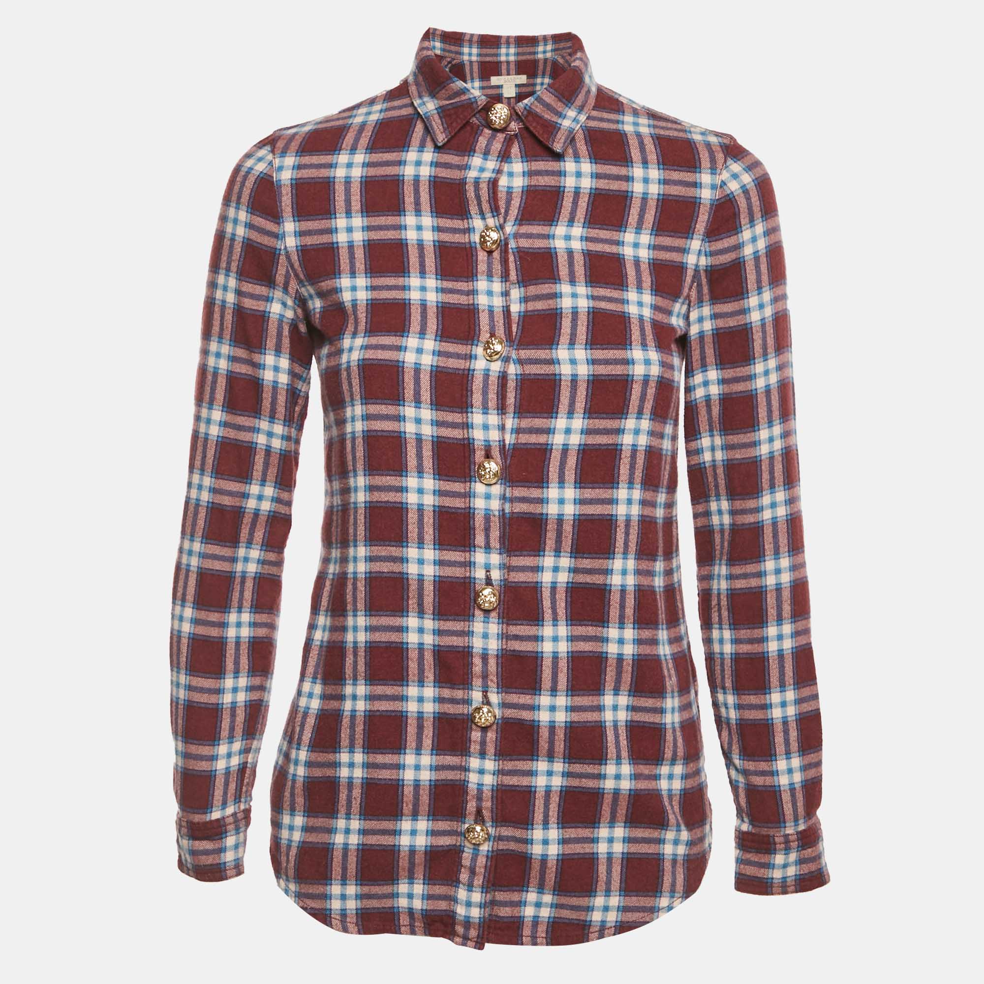 Burberry Burgundy Checks Cotton Long Sleeve Shirt XS