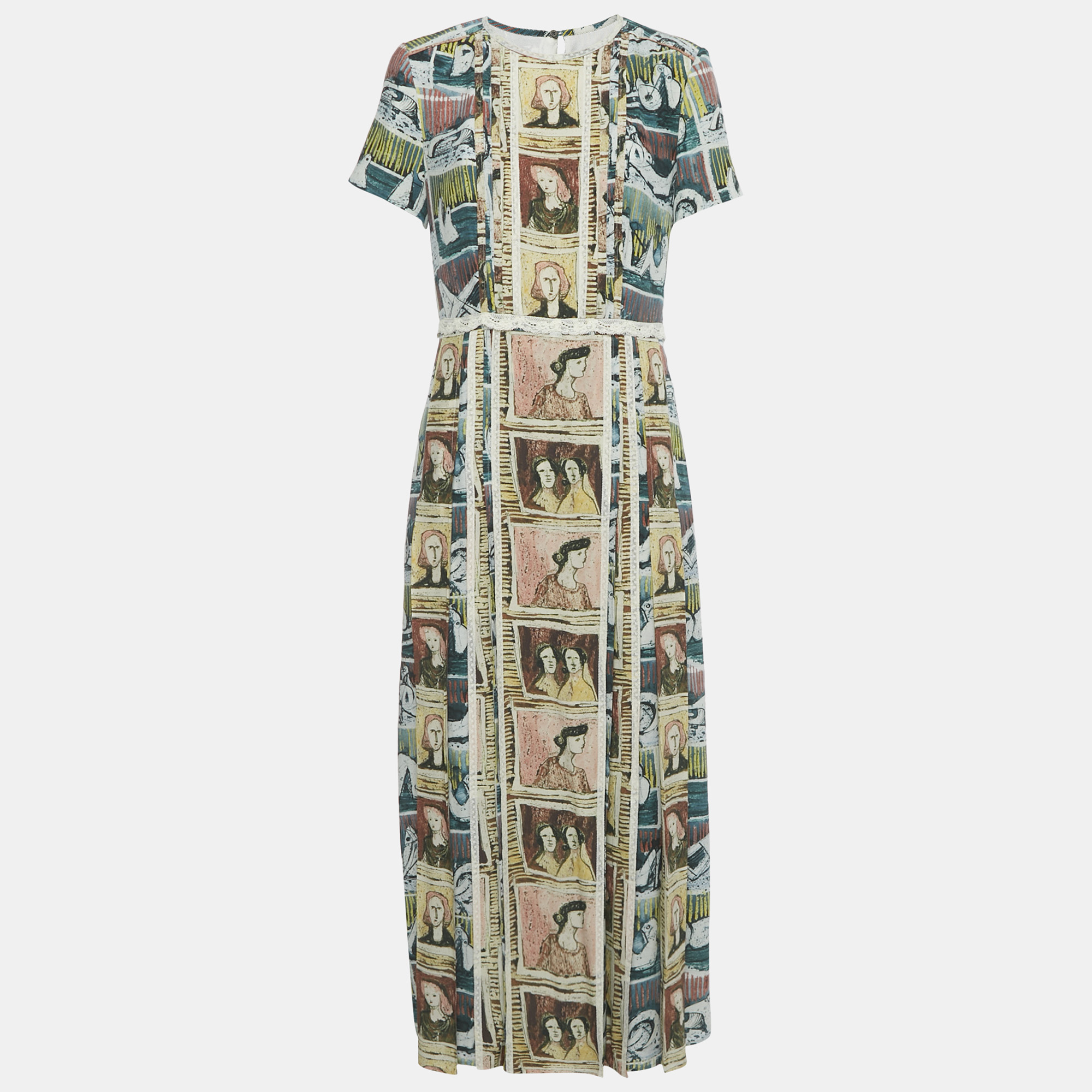 Pre-owned Burberry Multicolor Framed Heads Print Silk Lace Trim Maxi Dress M
