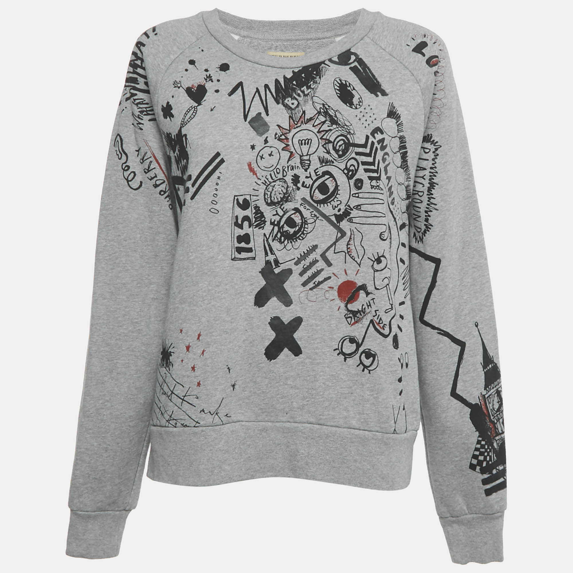 Pre-owned Burberry Grey Printed Cotton Knit Crewneck Sweatshirt L In Gray