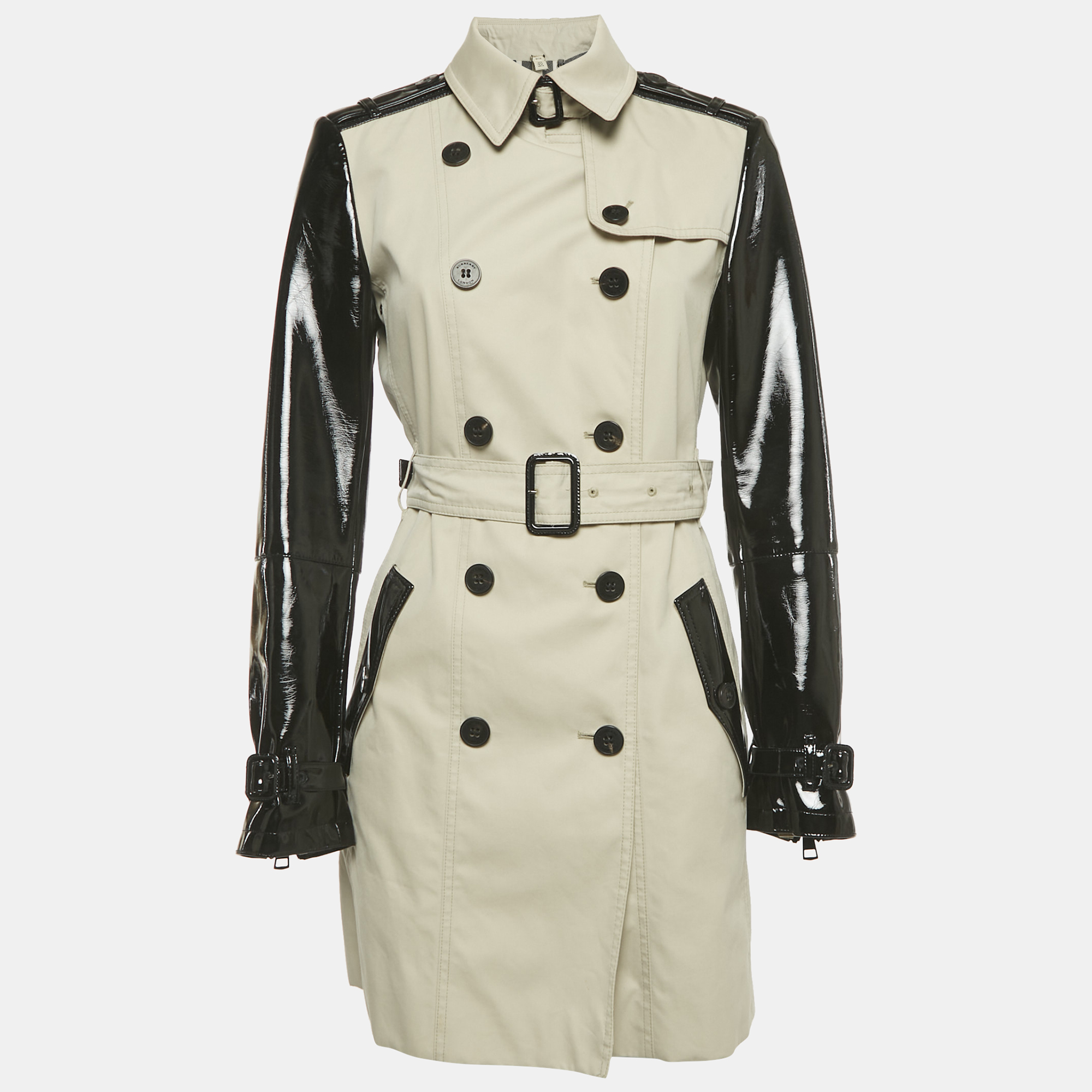 Pre-owned Burberry Beige/black Gabardine And Faux Leather Short Trench Coat M In Sand