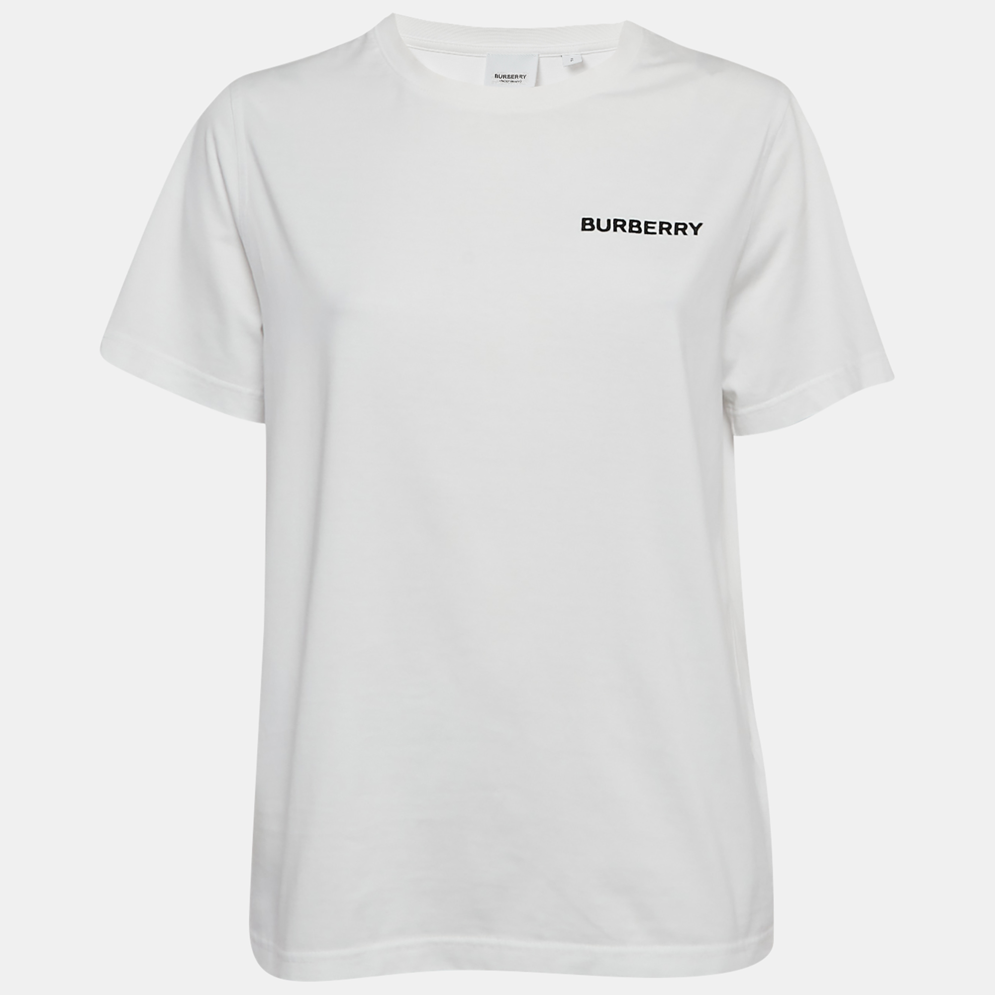 Burberry White Logo Embroidered Cotton Crew Neck T-Shirt S
