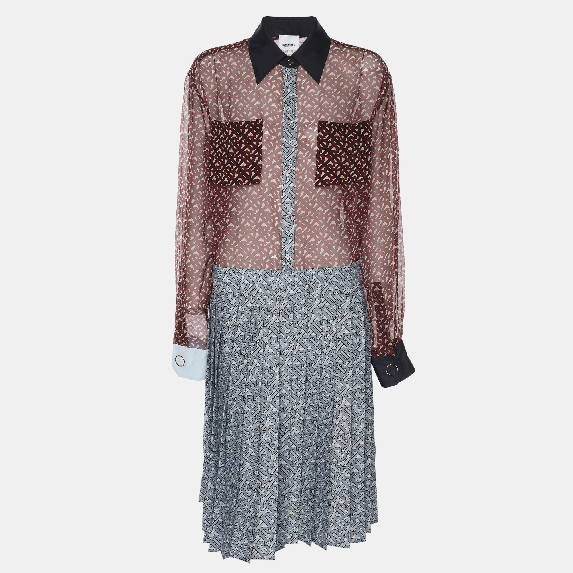 Burberry Red/Blue Monogram Print Chiffon Shirt Dress S