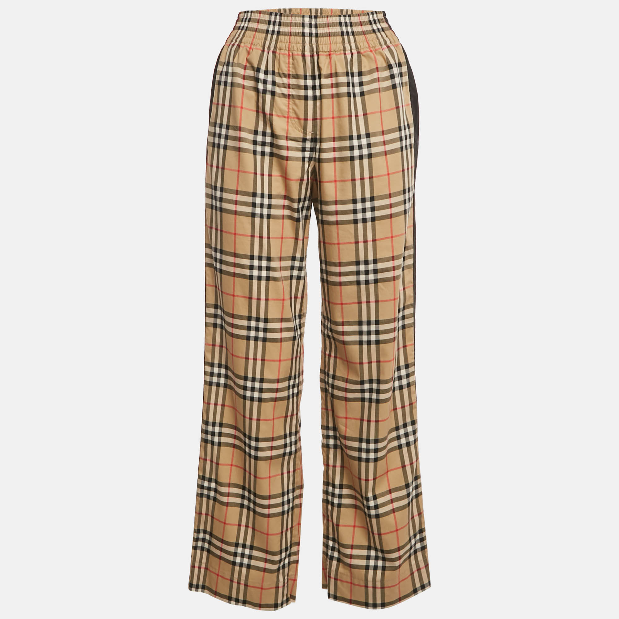 Pre-owned Burberry Beige Check Print Cotton Contrast Side Trim Louane Trousers Xs In Sand
