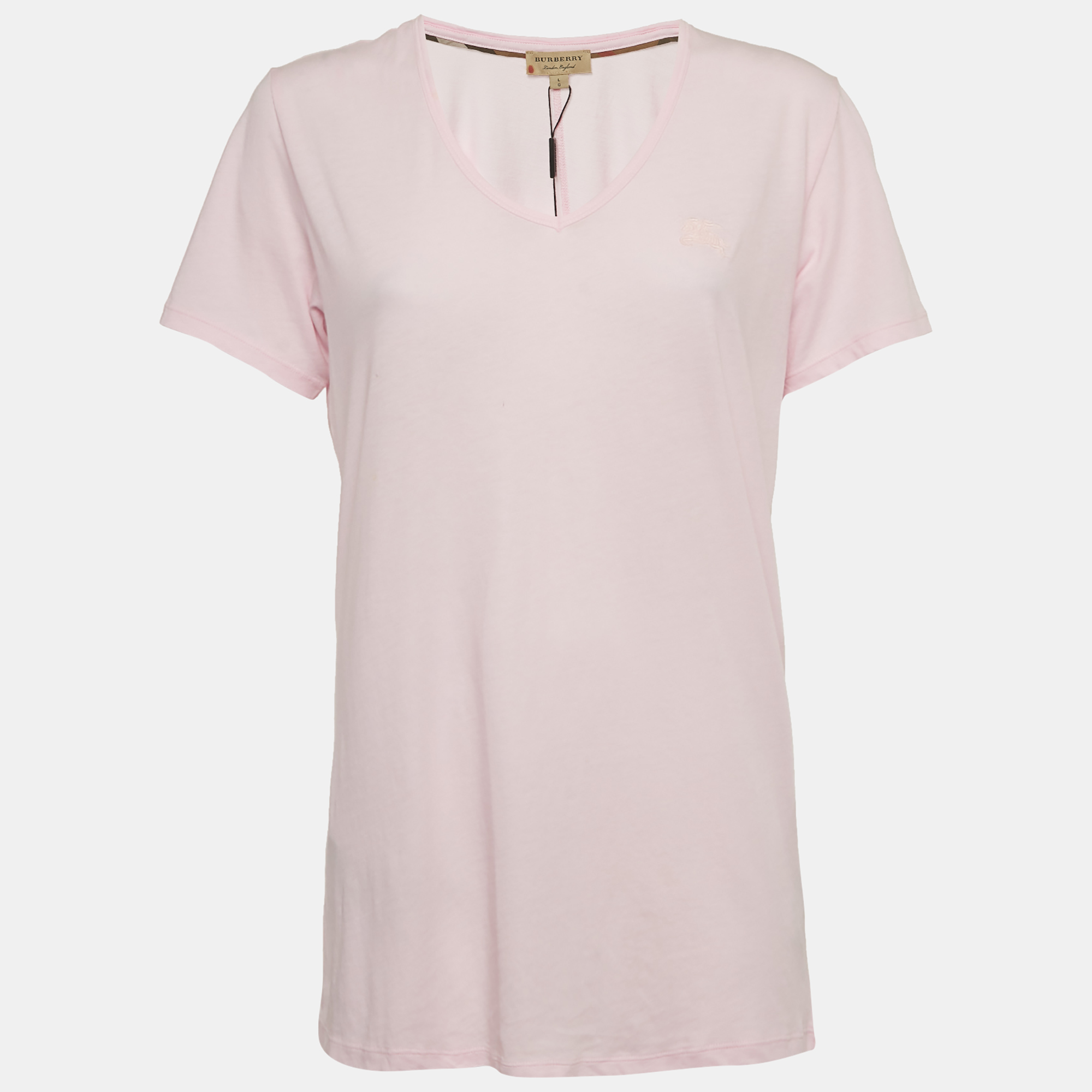 

Burberry Pink Logo Embroidered Cotton V-Neck T-Shirt L