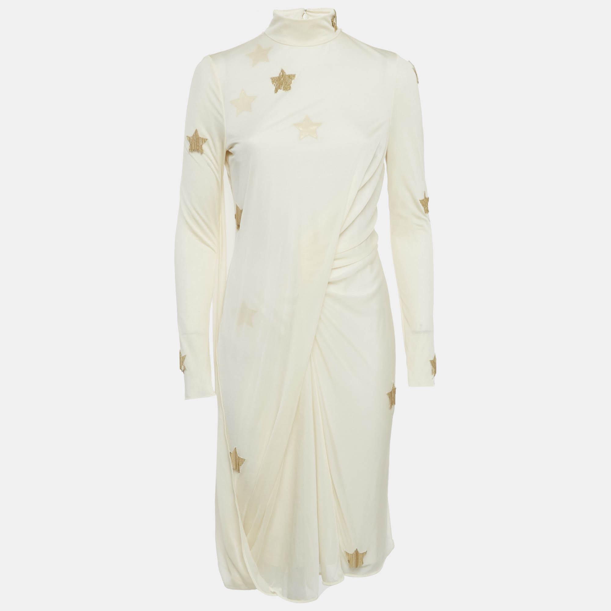 Burberry Cream Star Embellished Jersey Draped Knee-Length Dress S