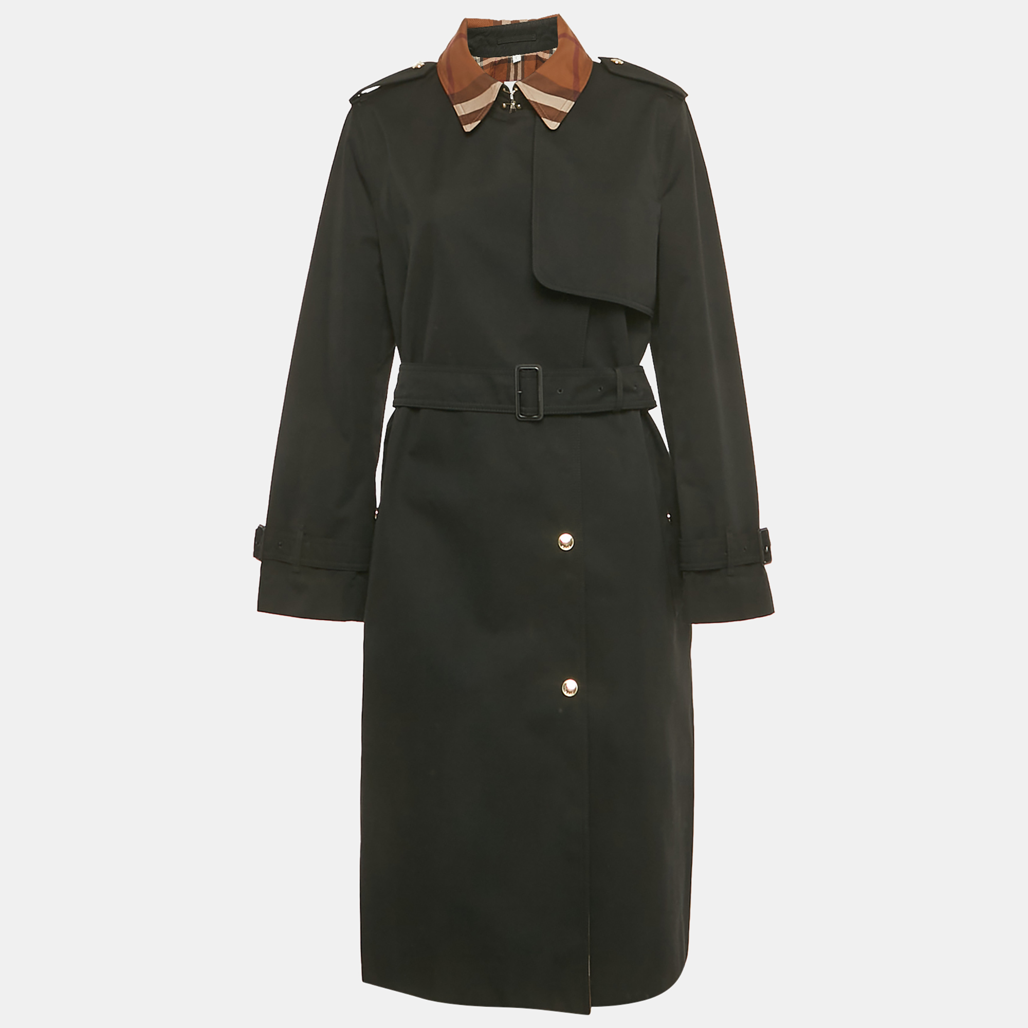 

Burberry Black Checkered Print Collar Detail Cotton Sandridge Trench Coat L