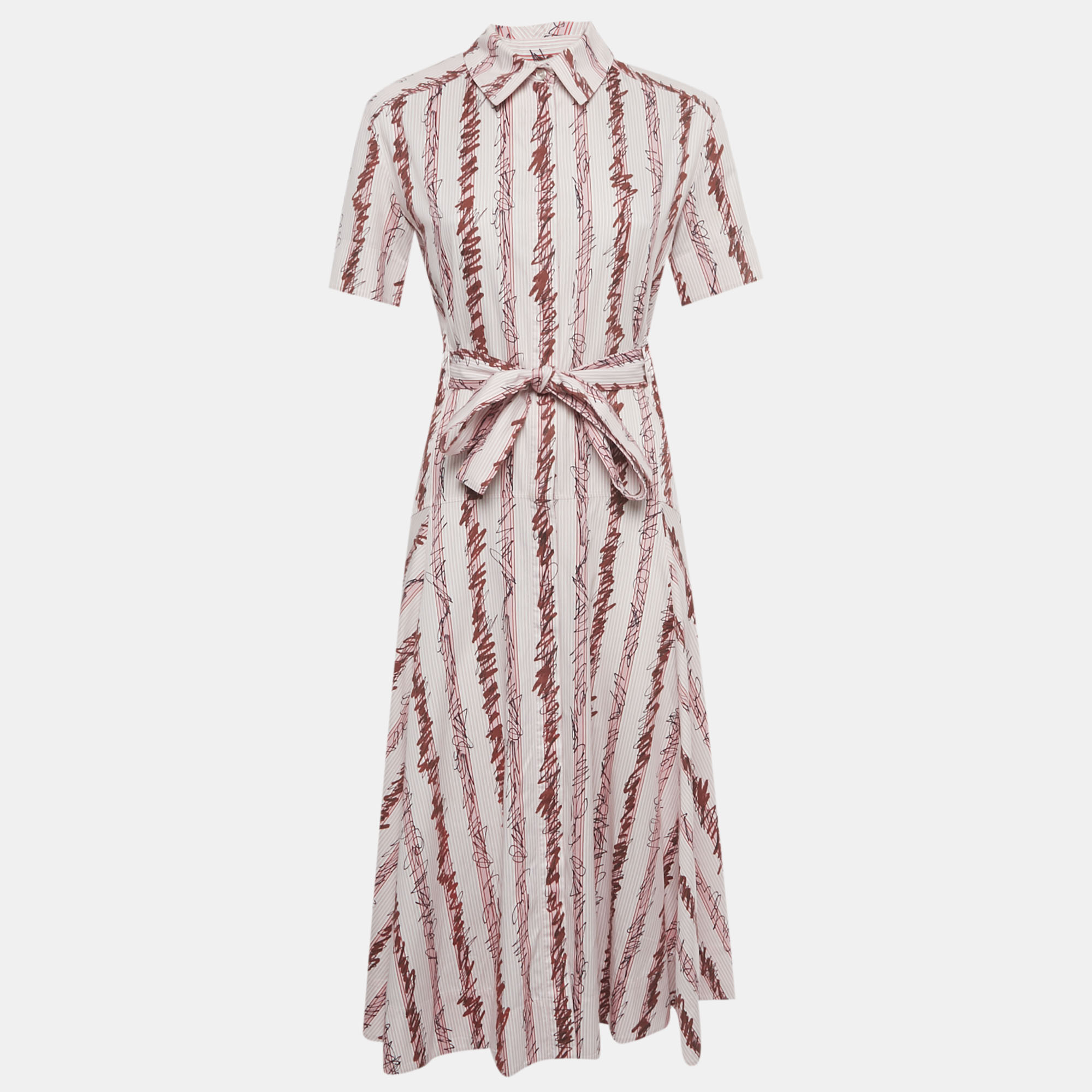 

Burberry Pink Scribble Printed Cotton Belted Shirt Dress S