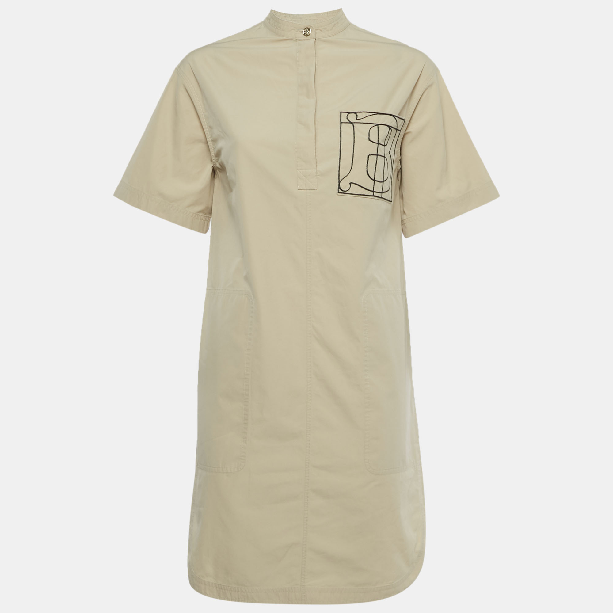 Pre-owned Burberry Beige Cotton Monogram Embroidered Cotton Abbie Mini Dress Xs In Sand