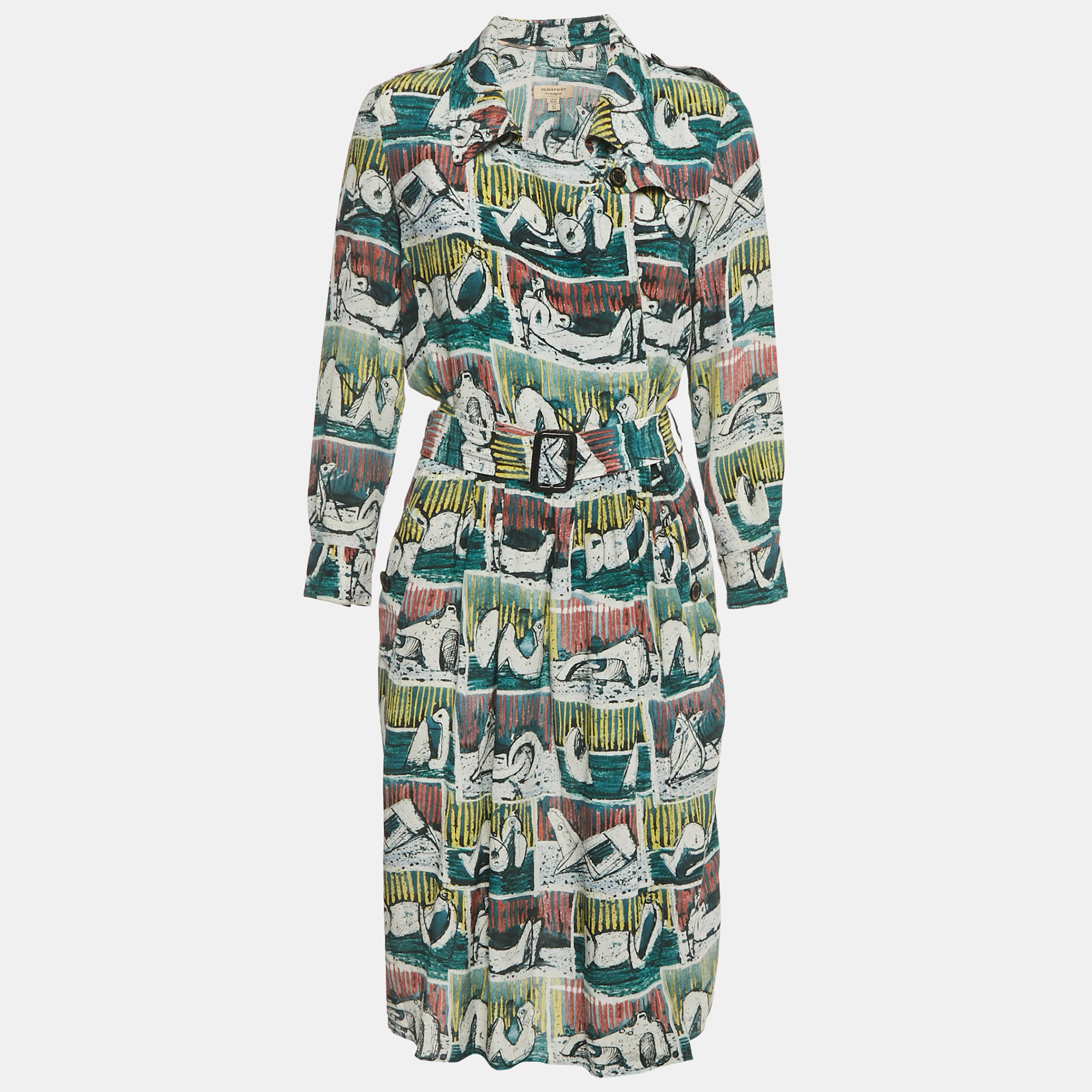 

Burberry Green Reclining Figures Silk Trench Midi Dress S