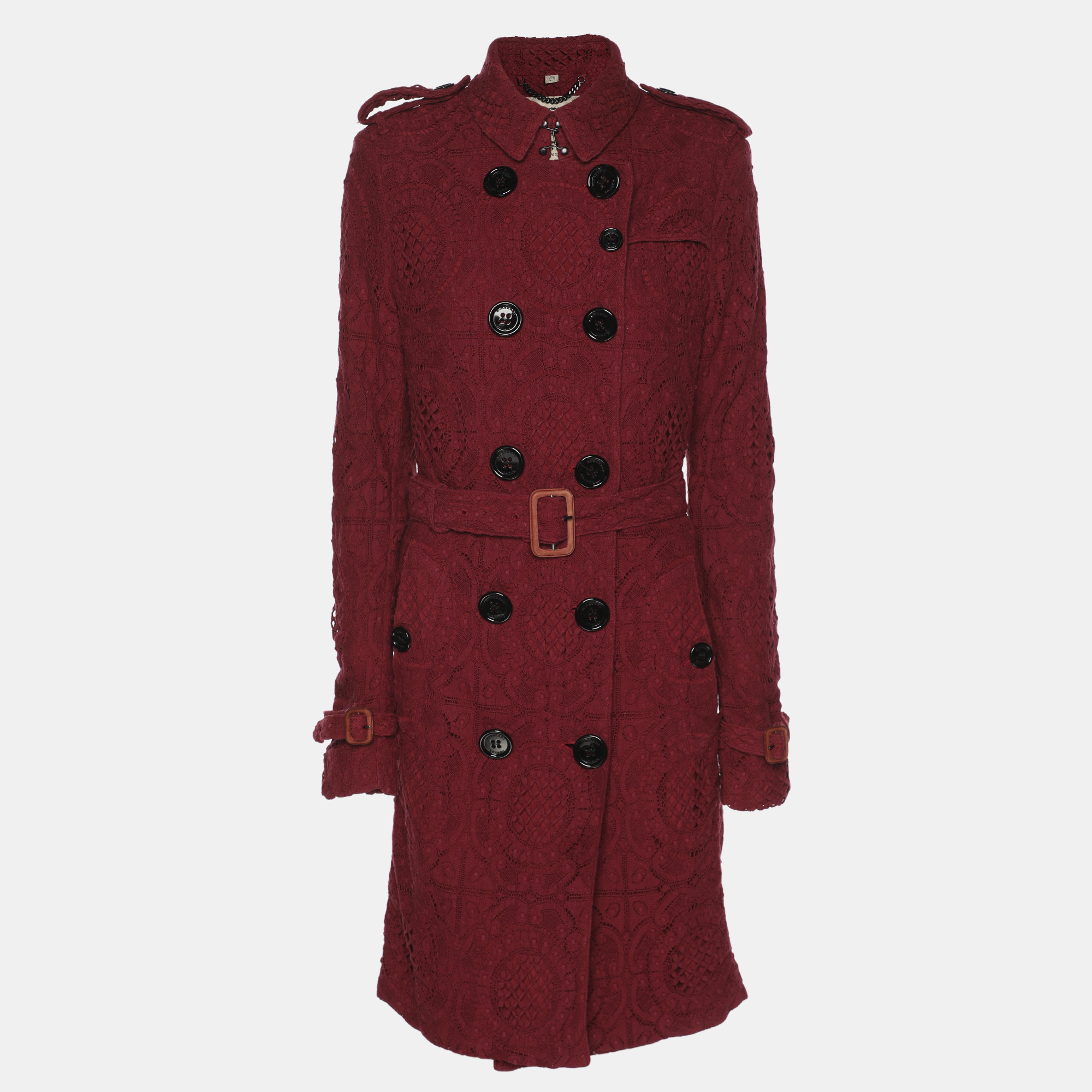 Pre-owned Burberry Burgundy Lace Double Breasted Belted Trench Coat L