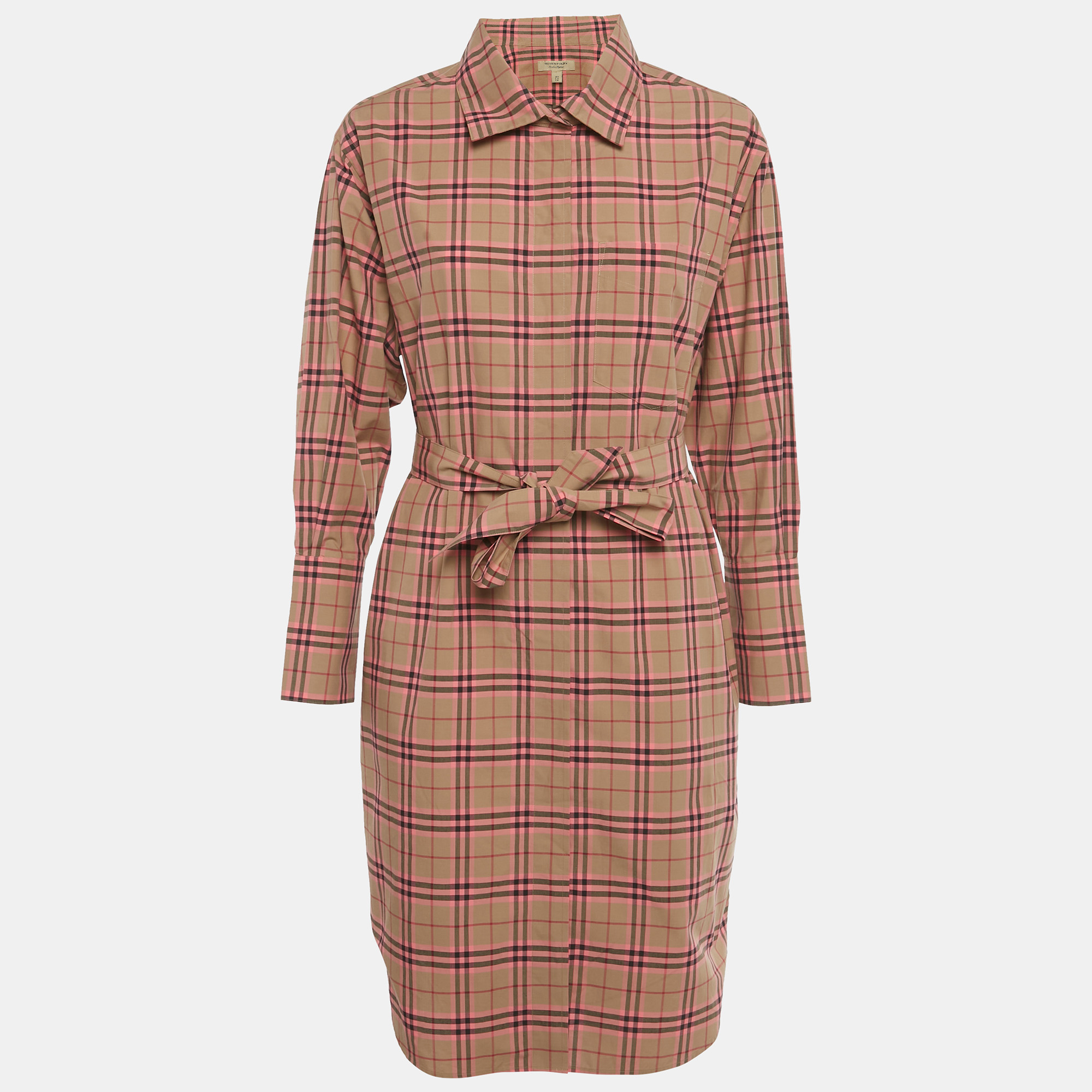 

Burberry Beige /Pink Checkered Print Cotton Short Shirt Dress S