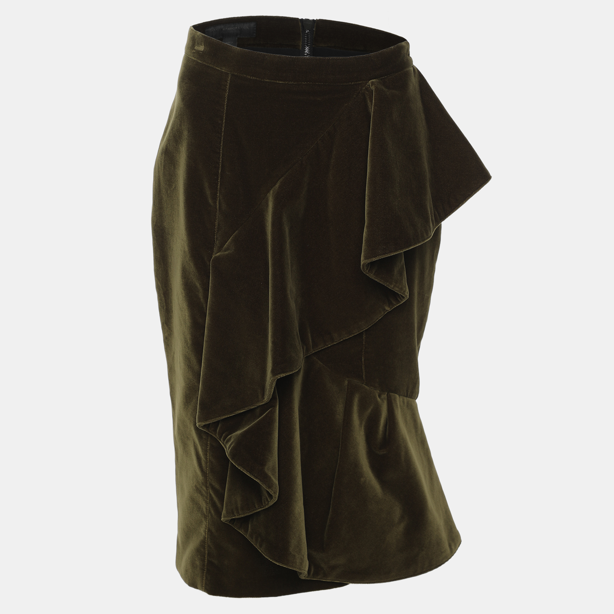 Pre-owned Burberry Green Velvet Ruffle Pencil Skirt S