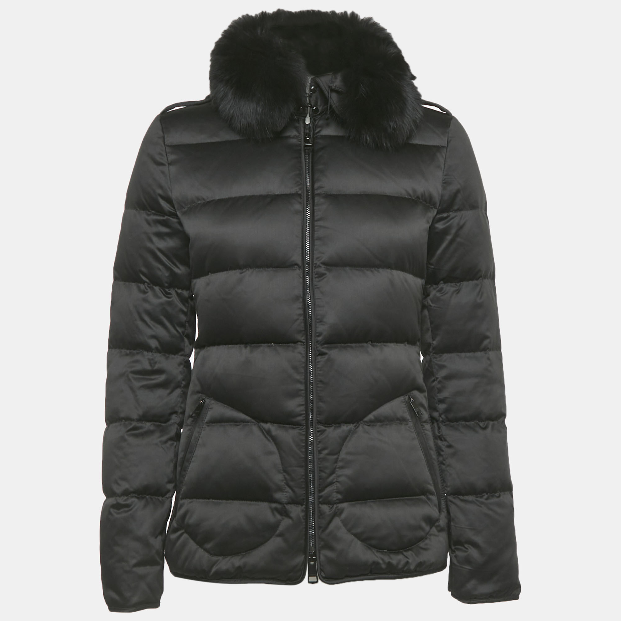 Pre-owned Burberry London Real Fur Trim Nylon Down Jacket S In Black