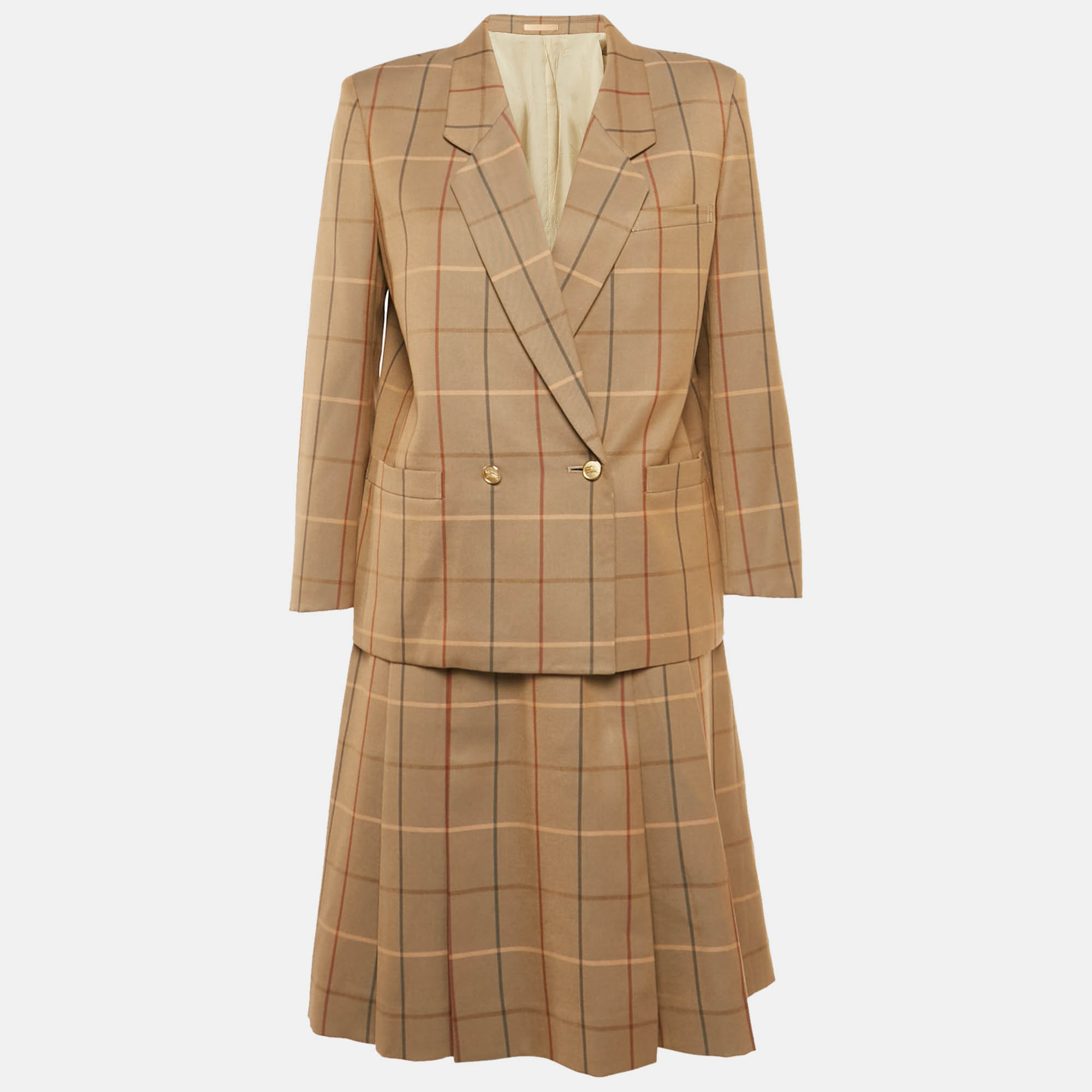 Pre-owned Burberry Vintage Beige Checks Wool Skirt Suit M In Sand