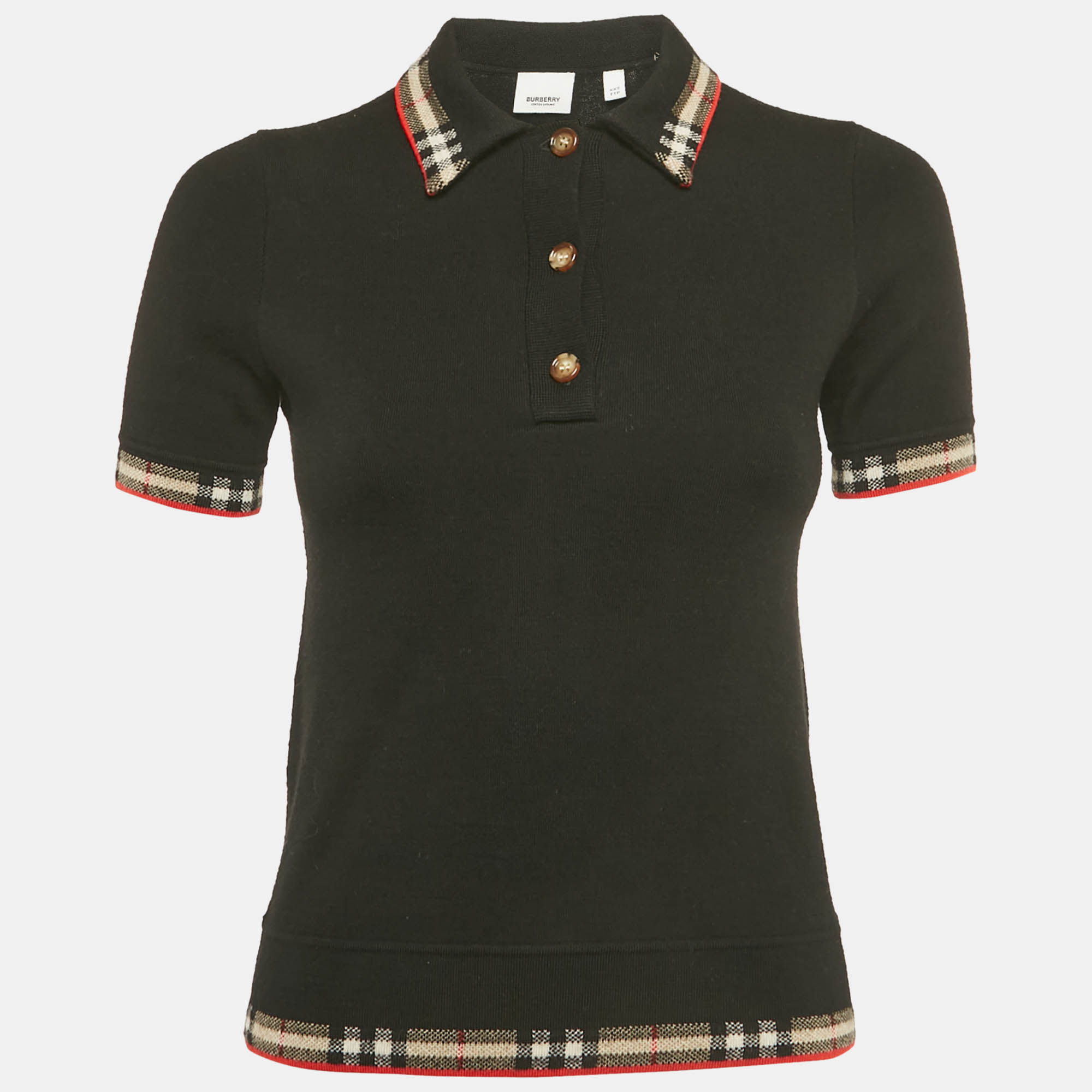 Pre-owned Burberry Black Checks Trims Stretch Knit Polo T-shirt Xxs