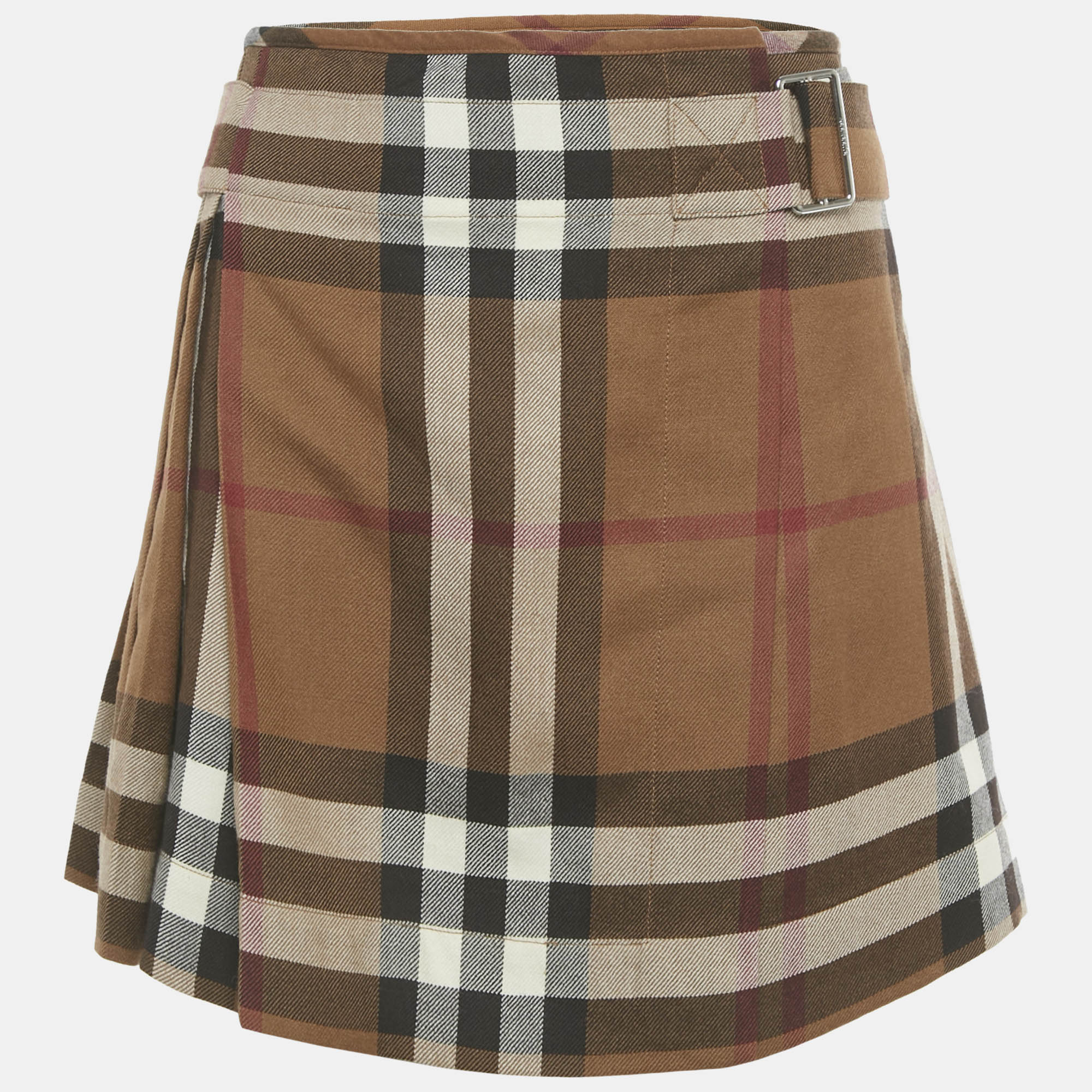 Pre-owned Burberry Brown Checks Wool Pleated Wrap Mini Skirt S