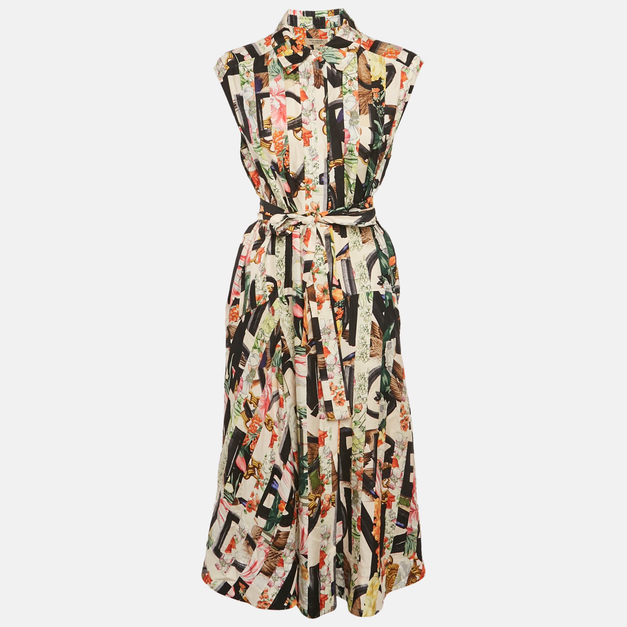 

Burberry Multicolor Printed Silk Button Front Belted Long Dress S