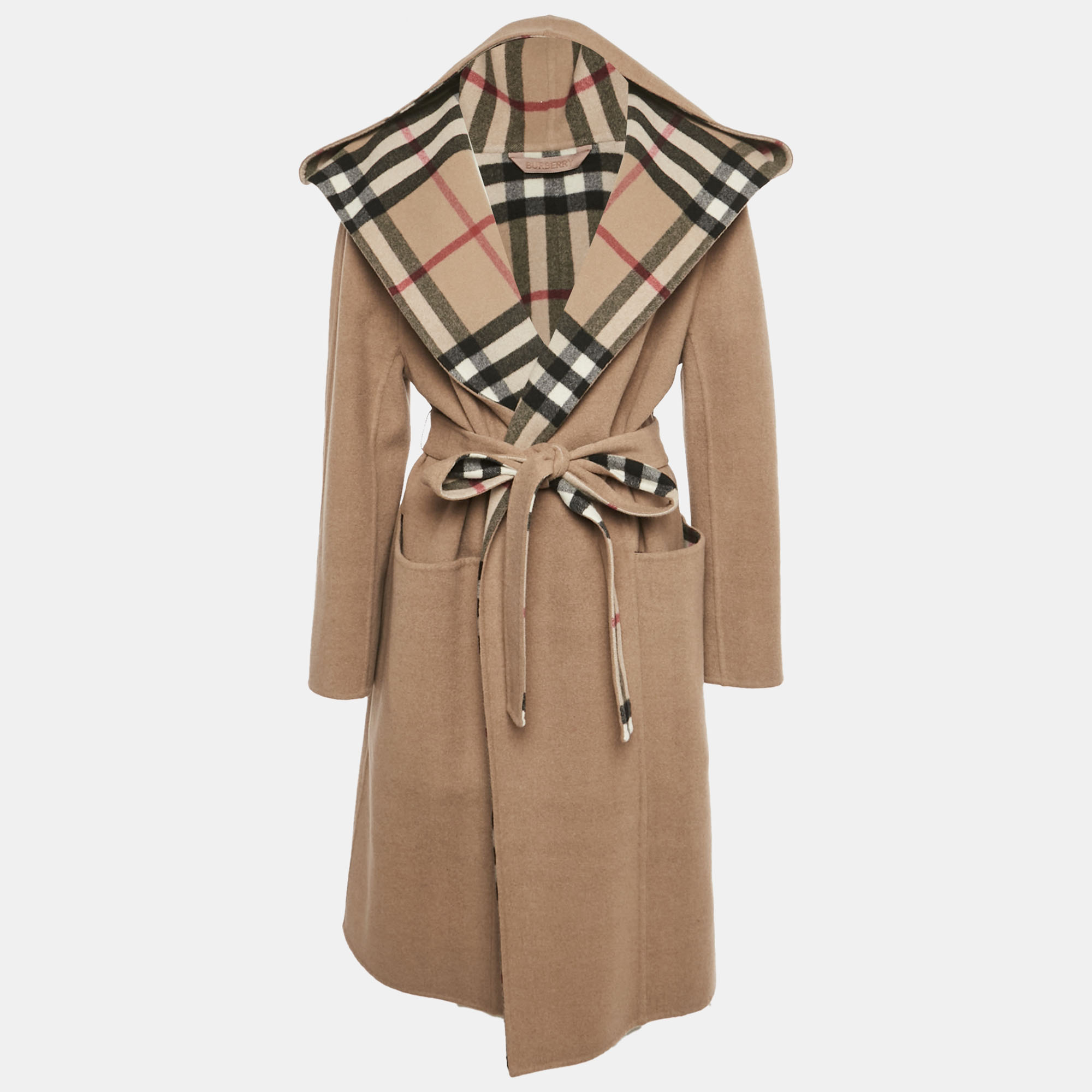 Pre-owned Burberry Brown Wool Felt Hooded Coat L In Sand
