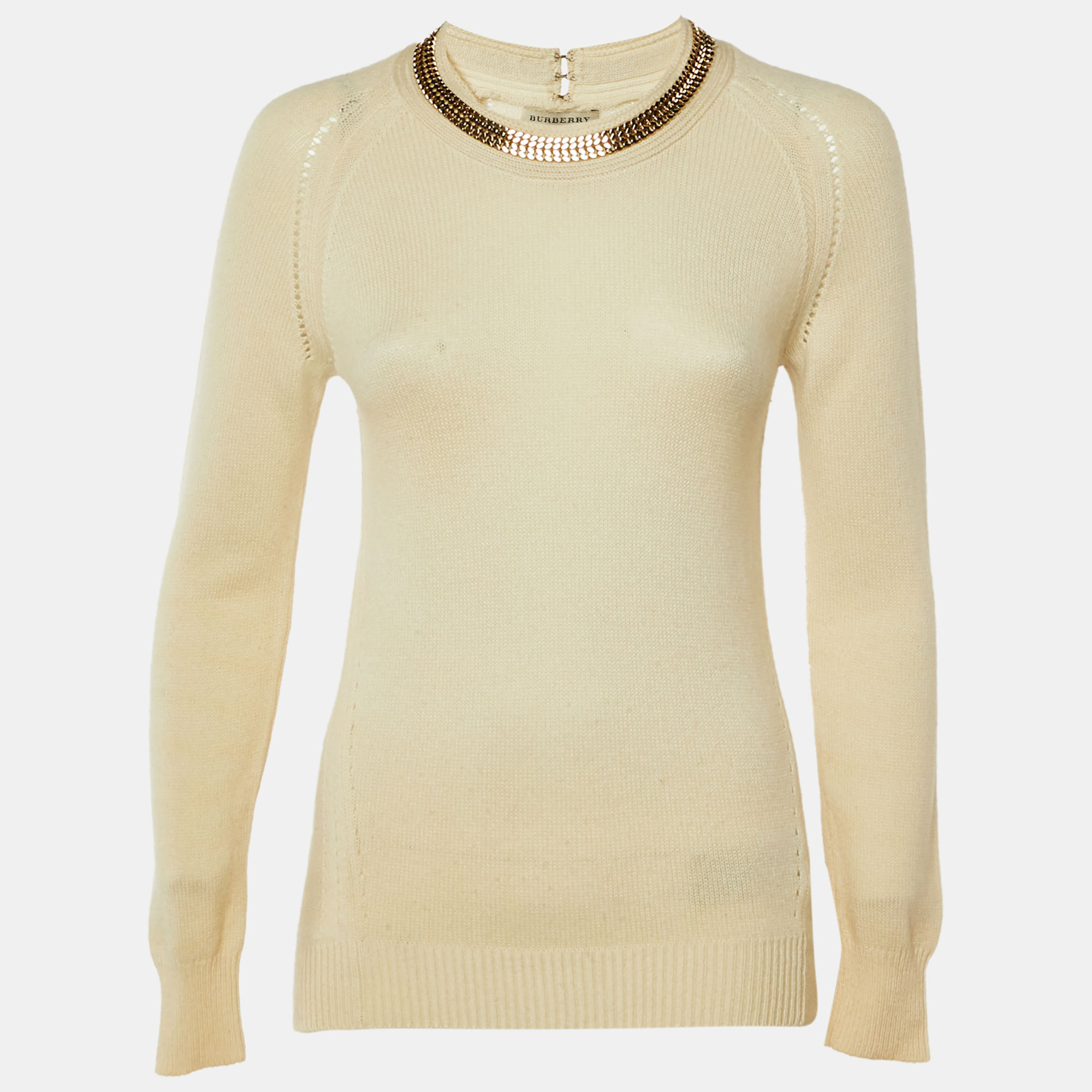 Pre-owned Burberry Cream Collar Embellished Wool Blend Jumper S In White