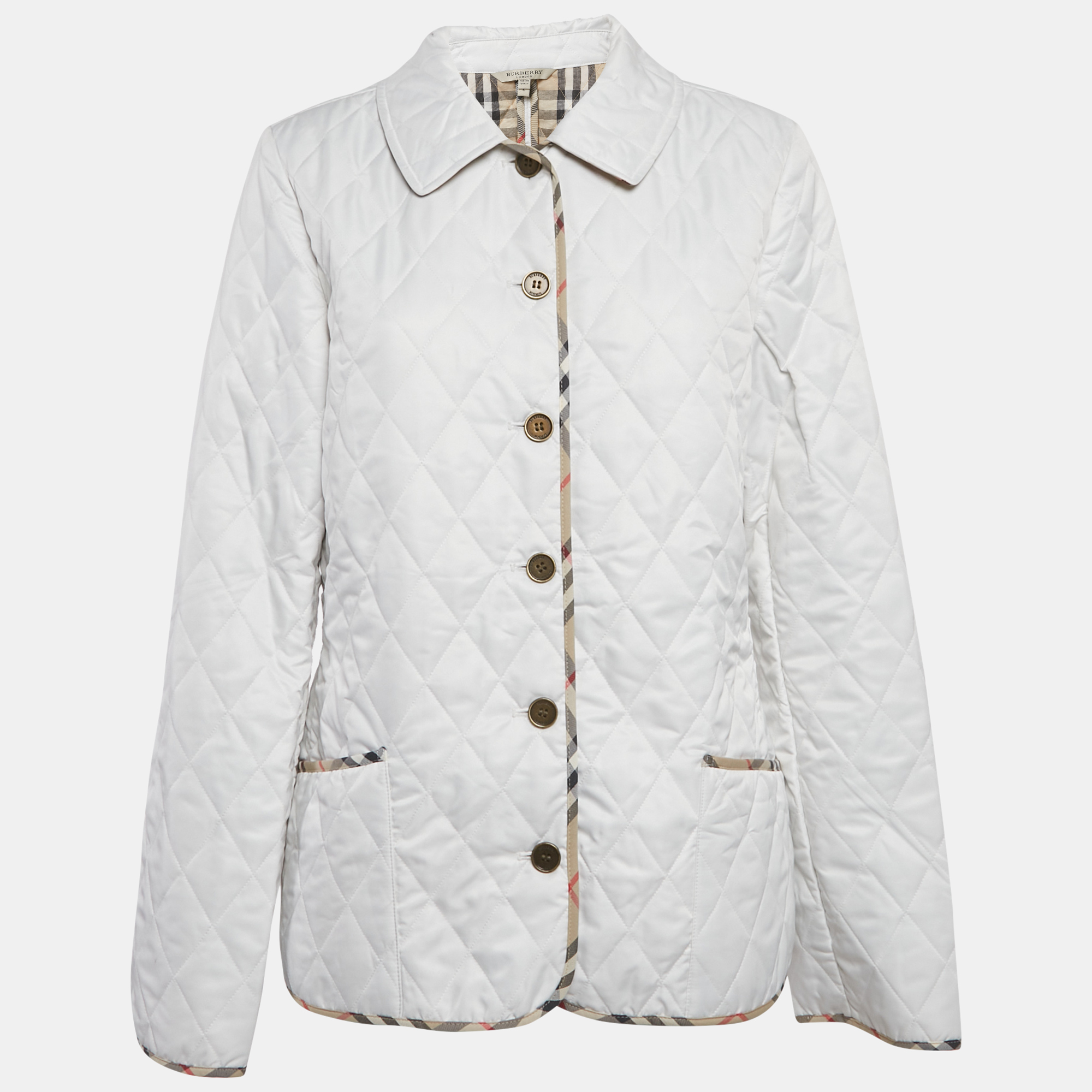 

Burberry White Synthetic Quilted Button Front Jacket L