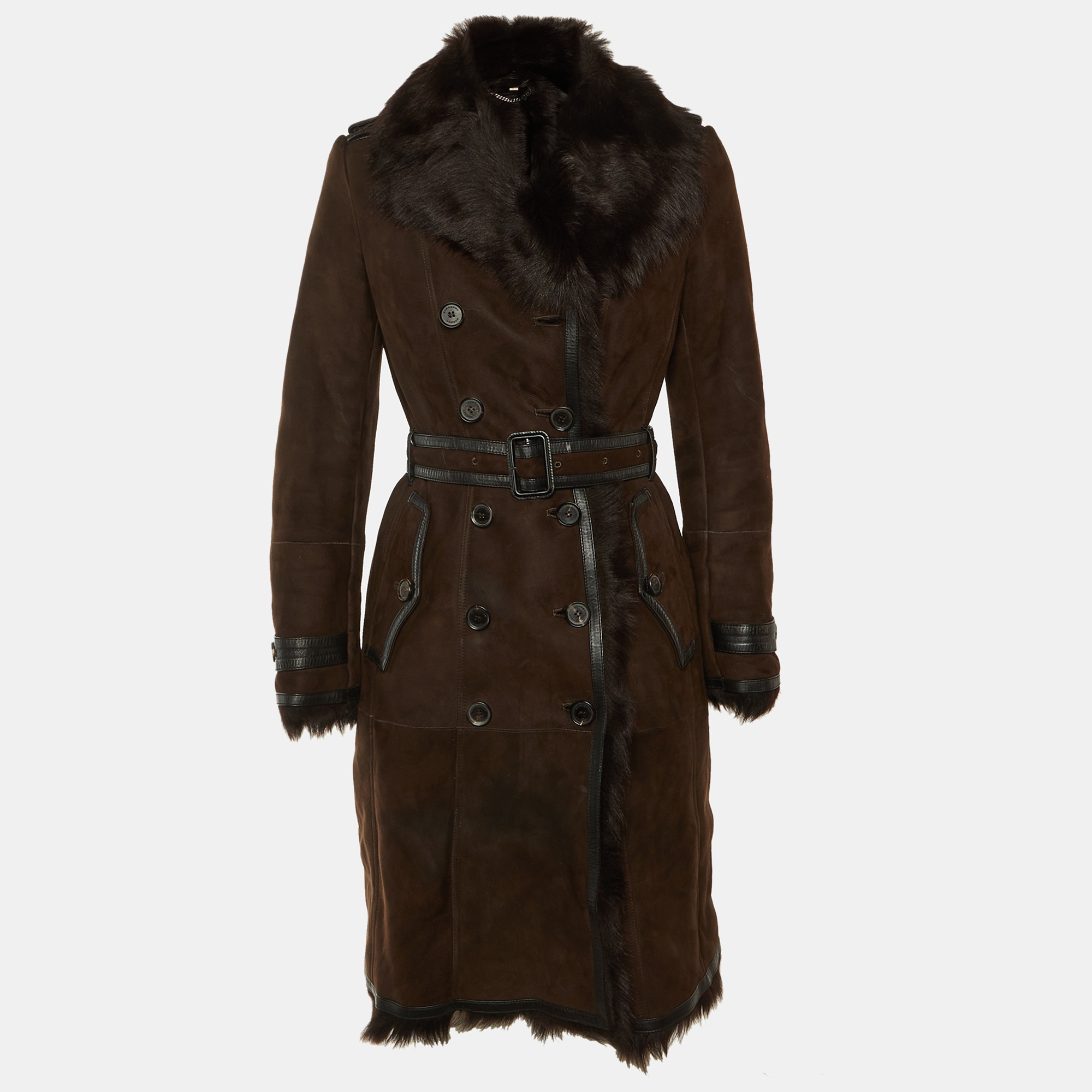 Pre-owned Burberry Brown Sued Shearling Fur Coat S