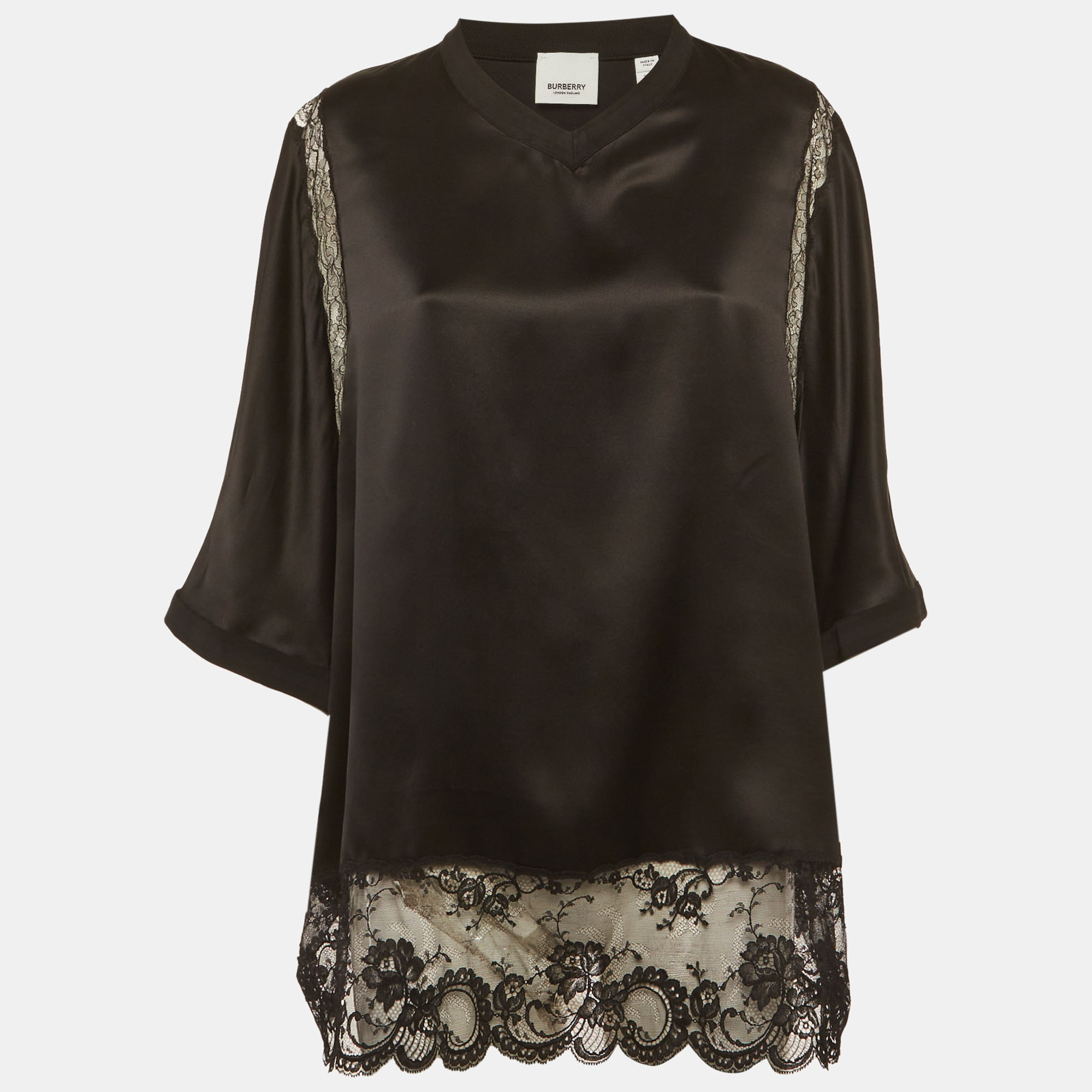 

Burberry Black Satin Lace Trim Blouse M