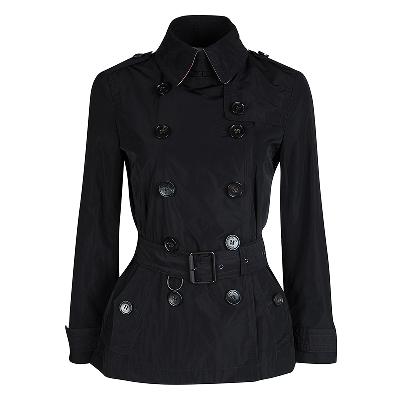 Burberry Brit Black Double Breasted Belted Balmoral Short Trench Jacket ...