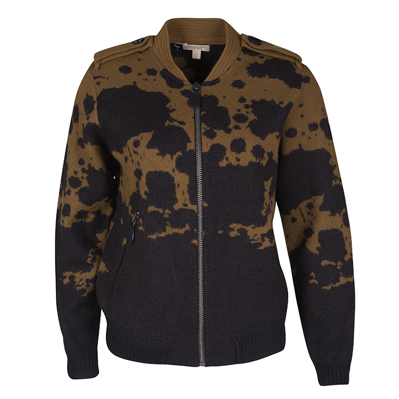 Pre Owned جاكت بربري بريت صوف سحاب أمامي نمط رش أسود وبني L