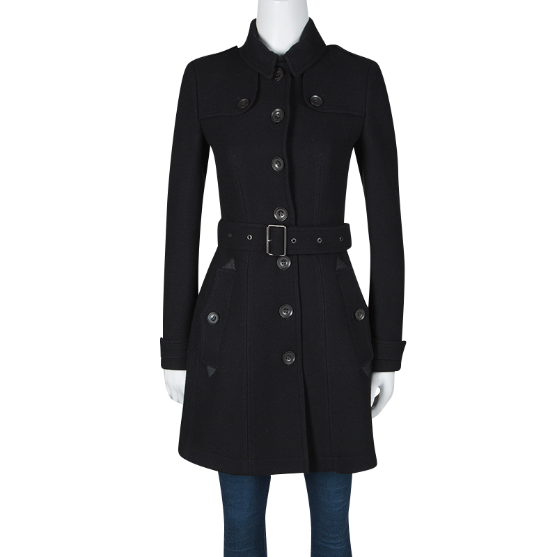 Burberry Brit Black Wool Cashmere Belted Trench Coat XS