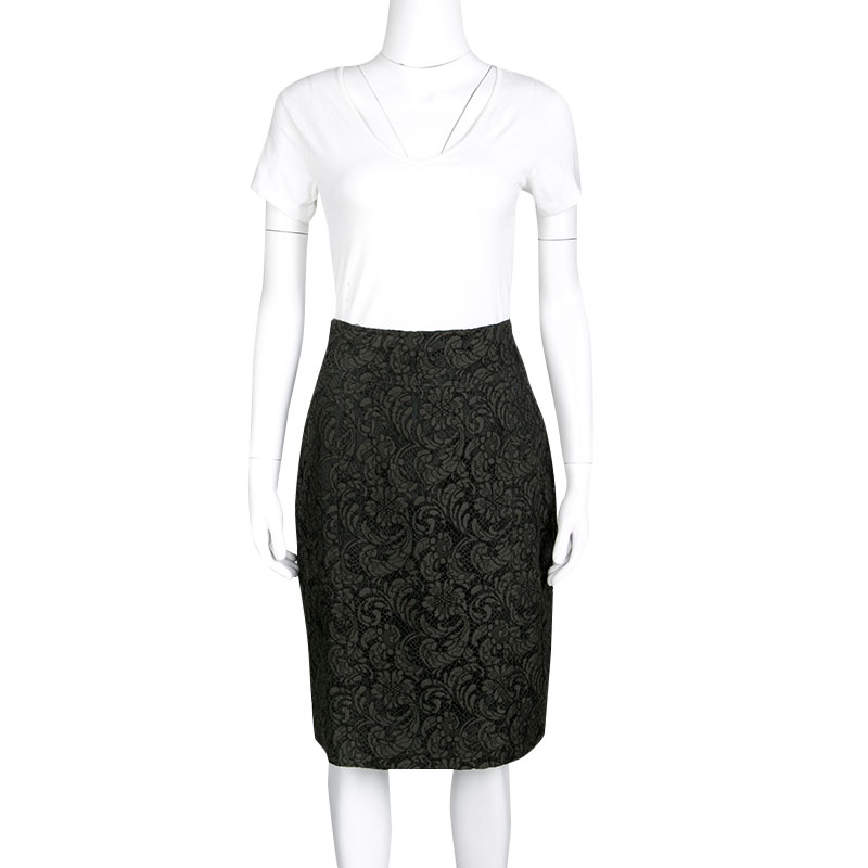 

Burberry London Olive Green Floral Lace Pencil Skirt