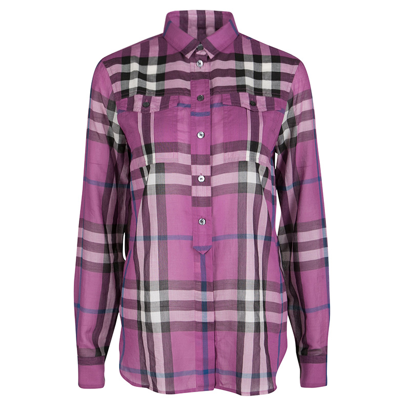 Burberry Brit Purple Checked Cotton Long Sleeve Button Front Sheer Shirt S