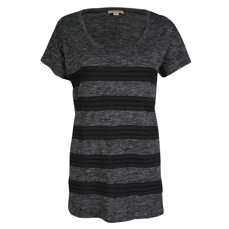 Pre Owned Burberry Brit Grey Contrast Frayed Trim Short Sleeve Top S