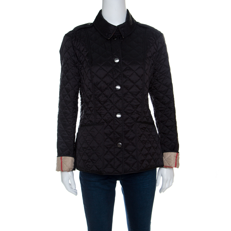 Pre Owned Burberry Brit Matte Black Diamond Quilted Button Front Jacket L