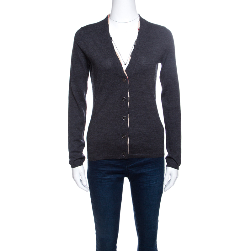 مملوكة مسبقًا Burberry Brit Grey Wool Novacheck Trim Detail Cardigan S