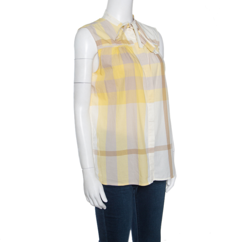 

Burberry Brit Multicolor Checked Cotton Neck Tie Detail Sleeveless Blouse