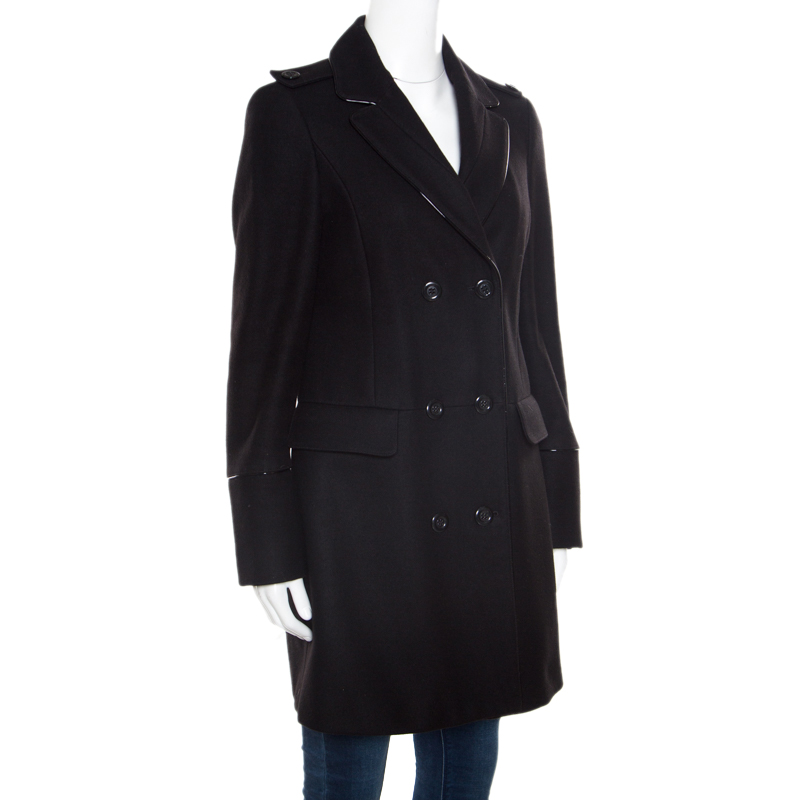 

Burberry London Black Wool and Cashmere Leather Trim Double Breasted Coat