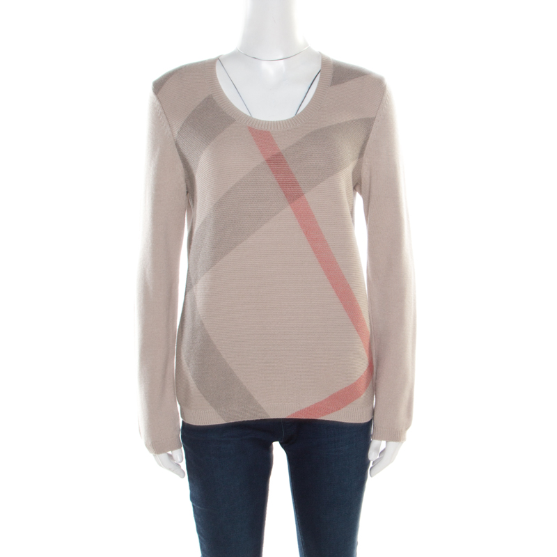 Burberry Brit Beige Cashmere Wool Exploded Check Printed Scoop Neck Pullover M