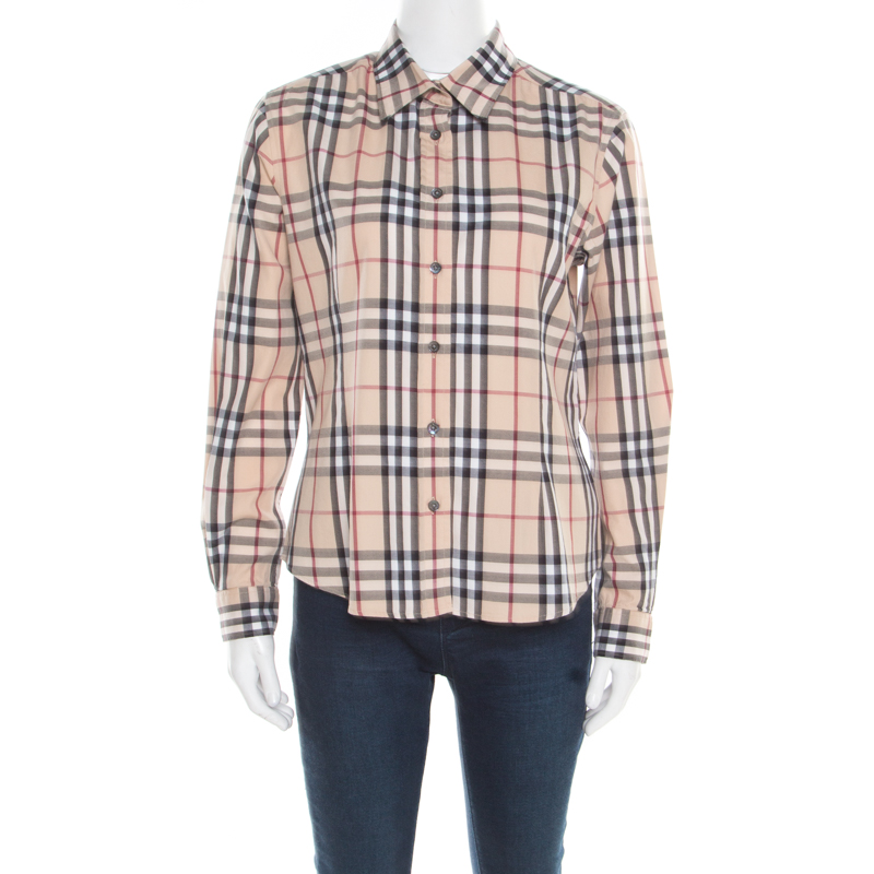 Pre Owned قميص بربري أزرار أمامية أكمام طويلة قطن كاروهات نوفا بيج M