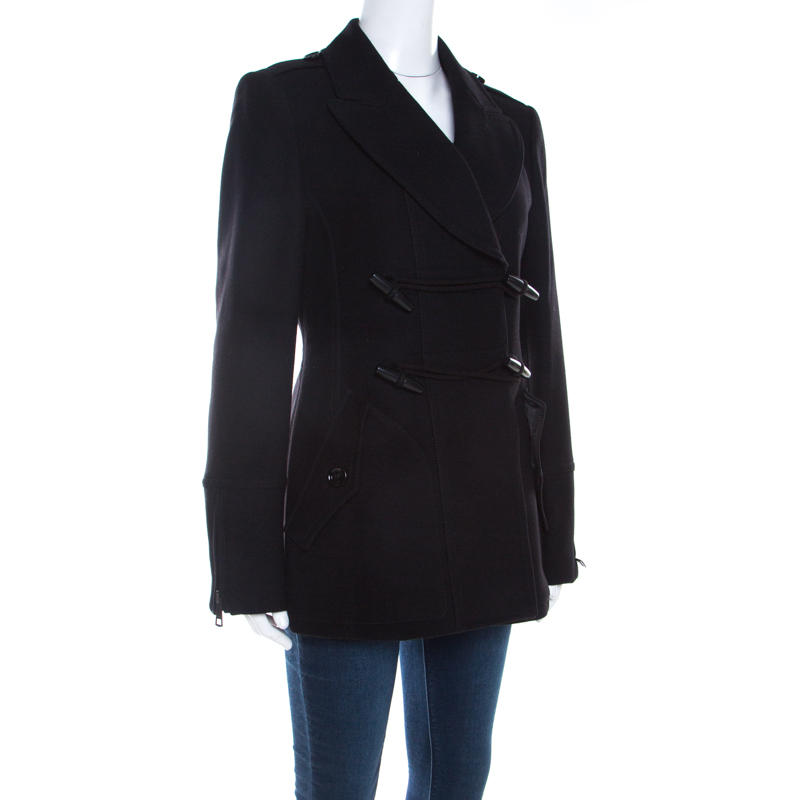

Burberry Brit Black Wool Toggle Closure Detail Double Breasted Coat