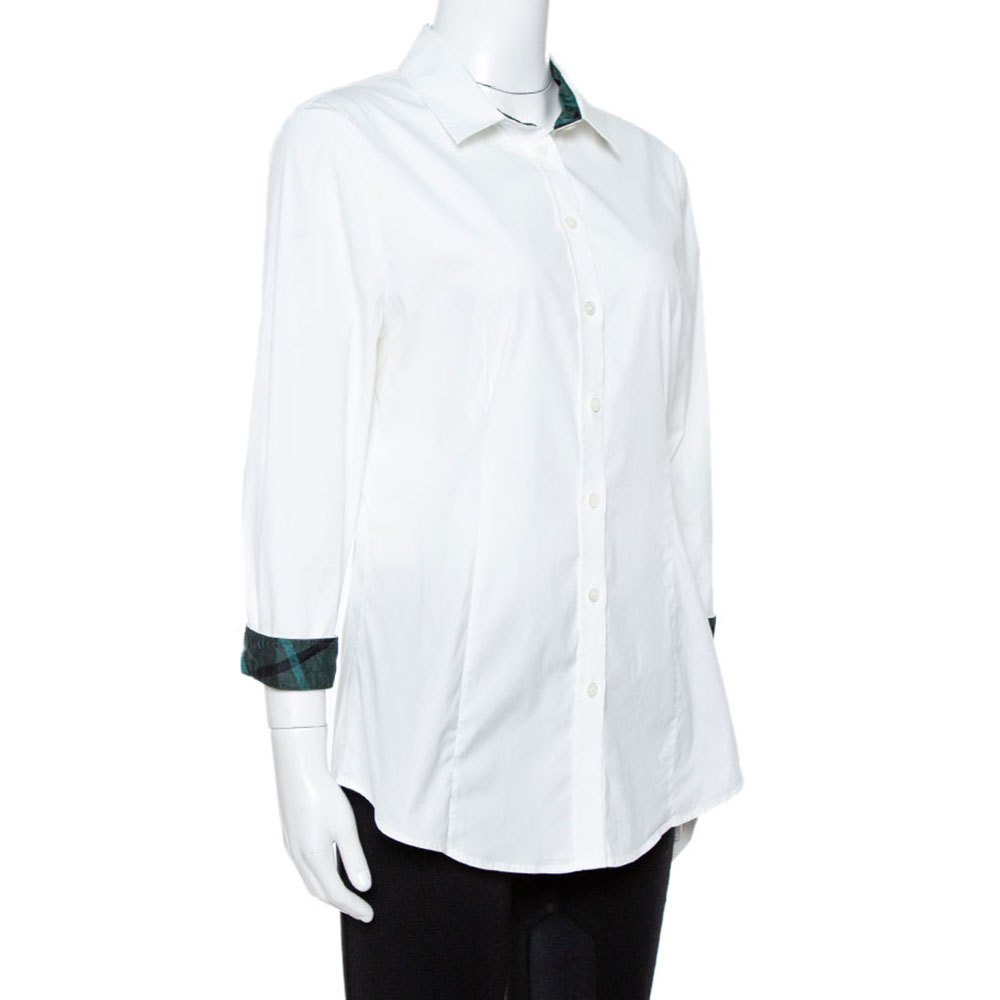 

Burberry London White Stretch Cotton Long Sleeve Button Front Shirt