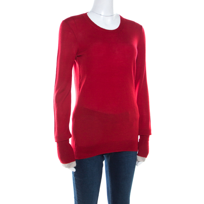 

Burberry Brit Red Rib Knit Merino Wool Novacheck Trim Long Sleeve Sweater