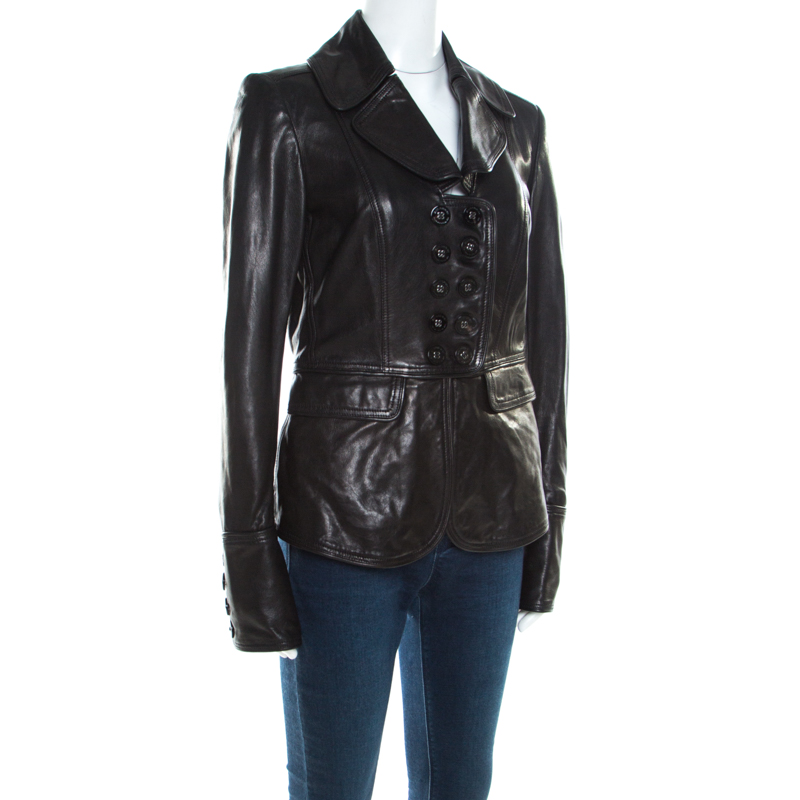 

Burberry Black Leather Double Button Panel Peplum Moto Jacket