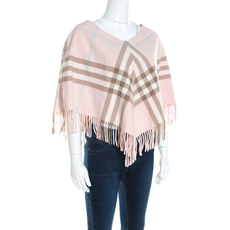 

Burberry Pale Pink Novacheck Cashmere Fringed Poncho