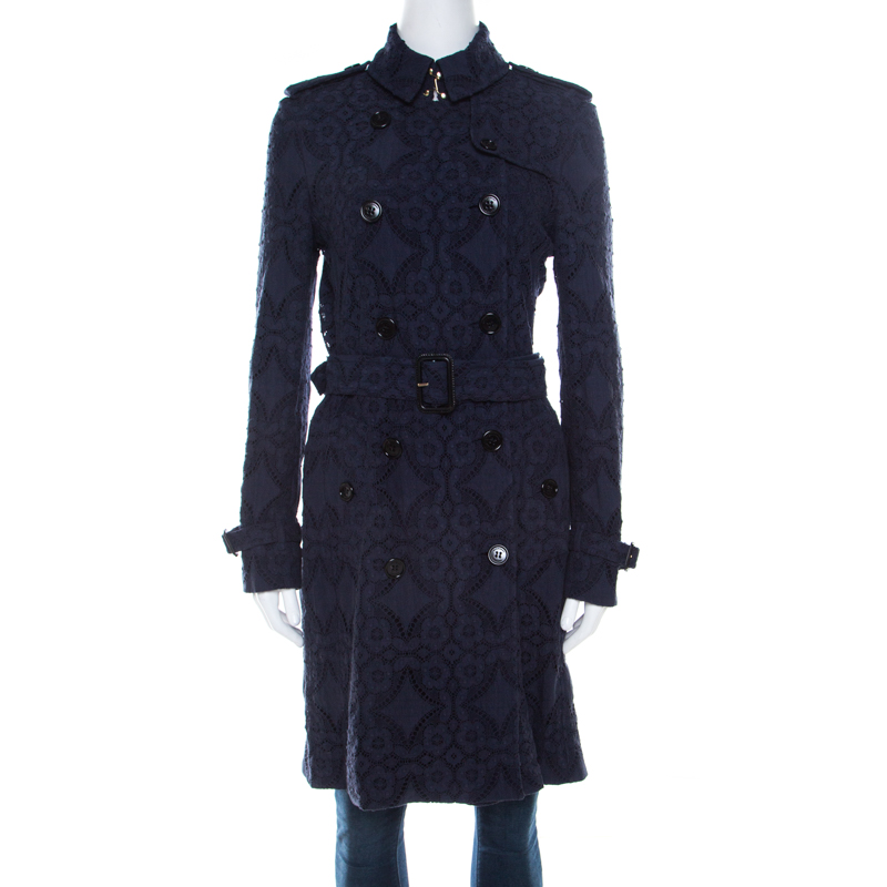 Pre Owned معطف بربري لندن أزرق كحلي دانتيل مزين بصفين أزرار S