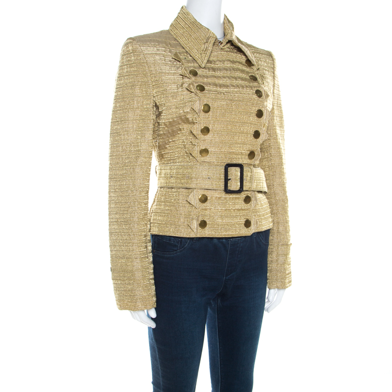 

Burberry Prorsum Metallic Gold Textured Cut Out Edge Detail Double Breasted Jacket