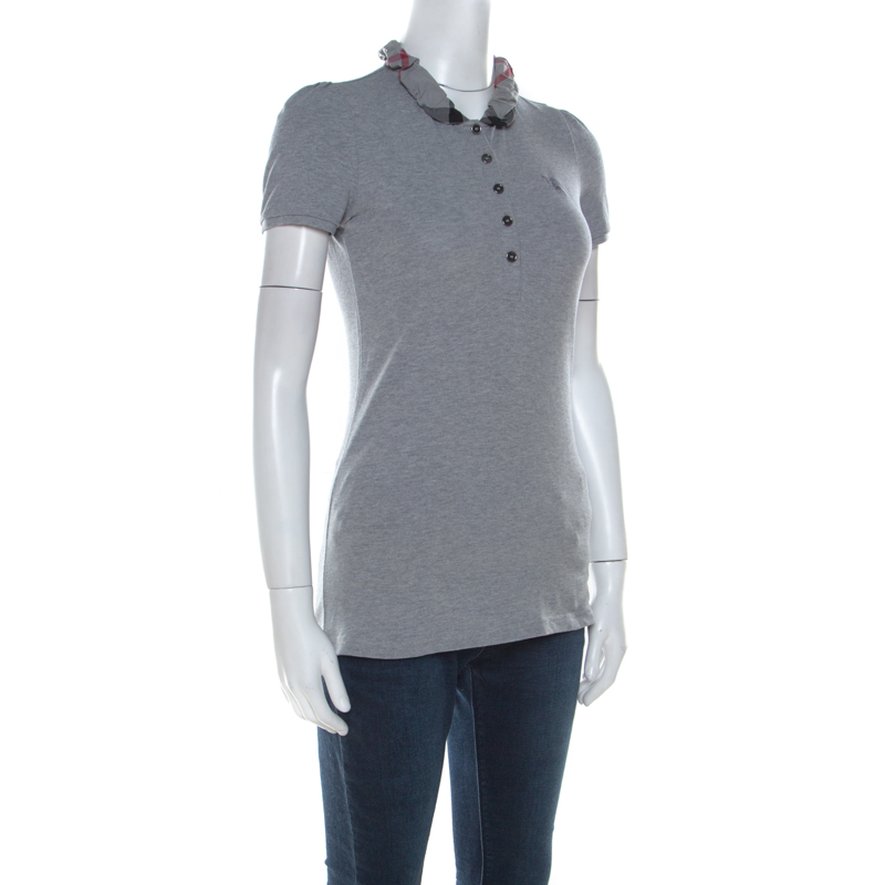 

Burberry Brit Grey Honeycomb Knit Novacheck Collar Detail Polo T-Shirt