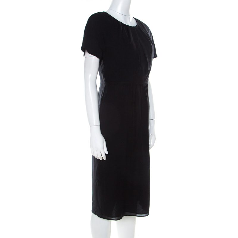 

Burberry Black Silk Crepe Pleated Neckline Detail Short Sleeve Dress